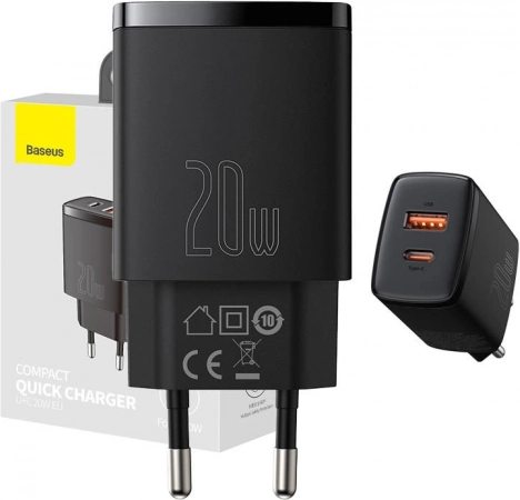 Mrežni brzi punjač BASEUS 20 W s USB‑C i USB (crni)