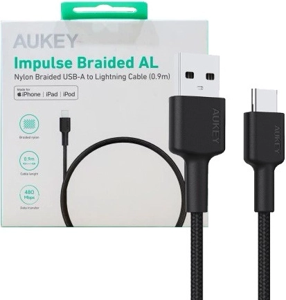 AUKEY USB-C na USB-A kabel 0,9 m, 60 W PD, pleteni najlon, crni