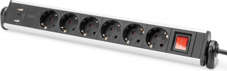Stolna napojna letva sa 6 utičnica, 2x USB‑A i 1x USB‑C, rotacija 180°, aluminijska, sa stezaljkama – DIGITUS