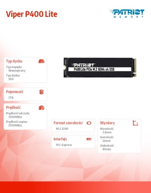 SSD disk 2TB Patriot P400 Lite 3300/2700 MB/s PCIe M.2 Gen 4x4 NVMe 1.4