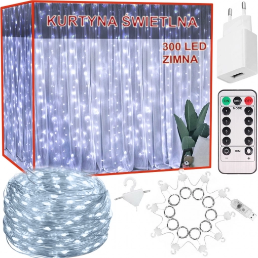 Svjetlosna LED zavjesa 300 LED, 3 × 2,9 m, hladno bijela, daljinsko upravljanje, USB