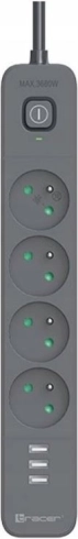 Prenaponska zaštita TRACER Power Line+ mobile ready 1,5 m (4 utičnice + 3x USB A, 5V 2,4A)
