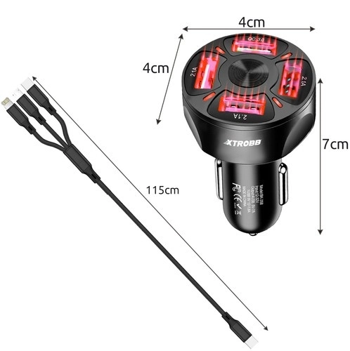 4x USB punjač za auto + Xtrobb 19907 kabel