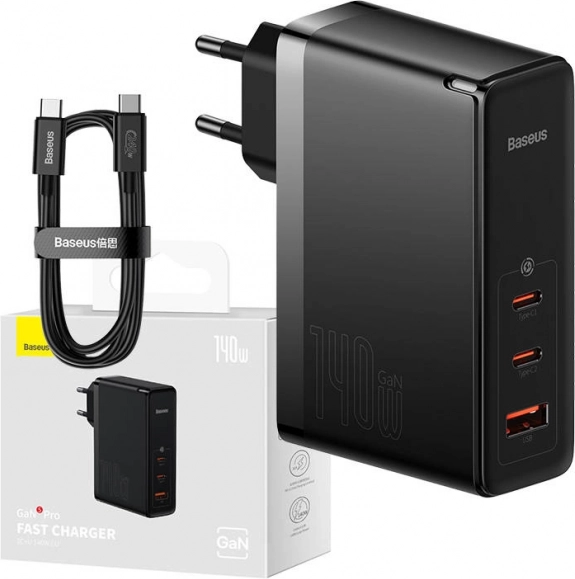 Zidni punjač Baseus s USB-C i USB priključcima, 140 W crni