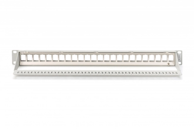 Modularna križna ploča 19" 24 porta za keystone moduli, 1U, zaštićena, s vođenjem kabela i oznakama, siva