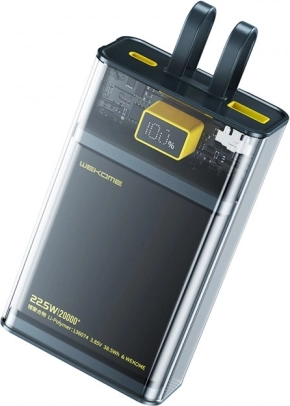 Power banka WEKOME Vanguard Series 20000 mAh s ugrađenim kabelima USB‑C i Lightning, PD 20 W + QC 22,5 W (crna/prozirna)