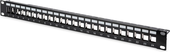 Patch panel 19" s 24 priključnica za keystone module, oklopljen, 1U, s vođenjem kabela i poljima za označavanje, crni
