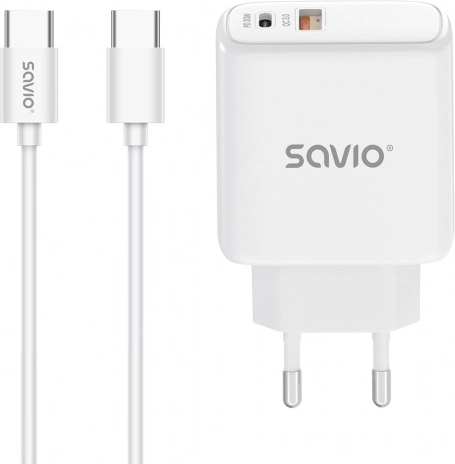 mrežni punjač 30 W s USB‑C PD i USB‑A QC + USB‑C kabel – Savio