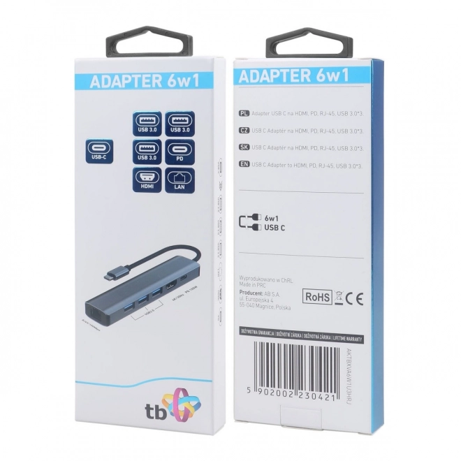 HUB USB-C adapter 6u1 - HDMI, 3x USB, PD, RJ-45