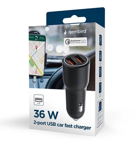 Punjač za auto 2xUSB-A QC3.0 36W crna