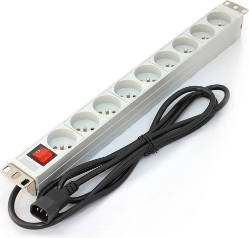 PDU letvica za 19" rack, 9× utičnica Tip E, 2 m kabel C14, 10 A, prekidač, aluminijska