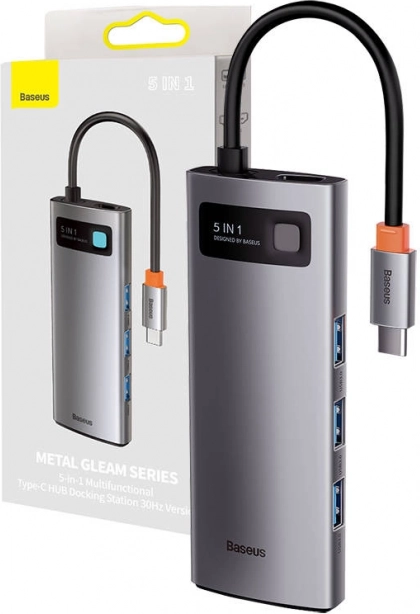 Adapter Baseus 5-u-1 USB‑C hub s HDMI, 3× USB 3.0 i USB‑C PD 100 W