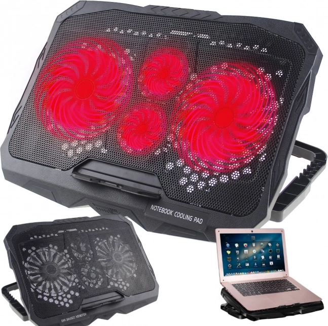 Hladnjak za prijenosno računalo s LED rasvjetom, 4 ventilatora i USB čvorištem, podesiv nagib (10–17")