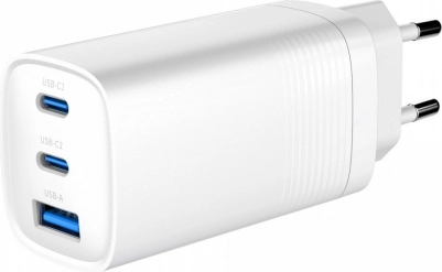 Brzi GaN punjač 65 W s Power Delivery, 2× USB‑C i 1× USB‑A, bijela