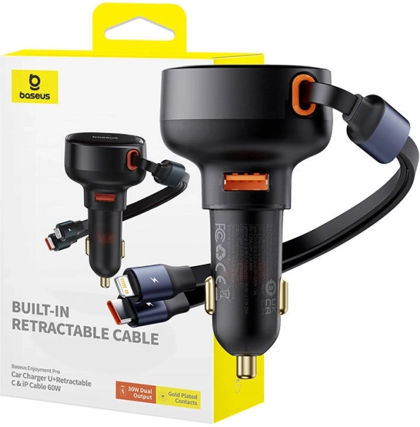 autopunjač BASEUS Enjoyment 60 W s USB, USB‑C i Lightning, crna