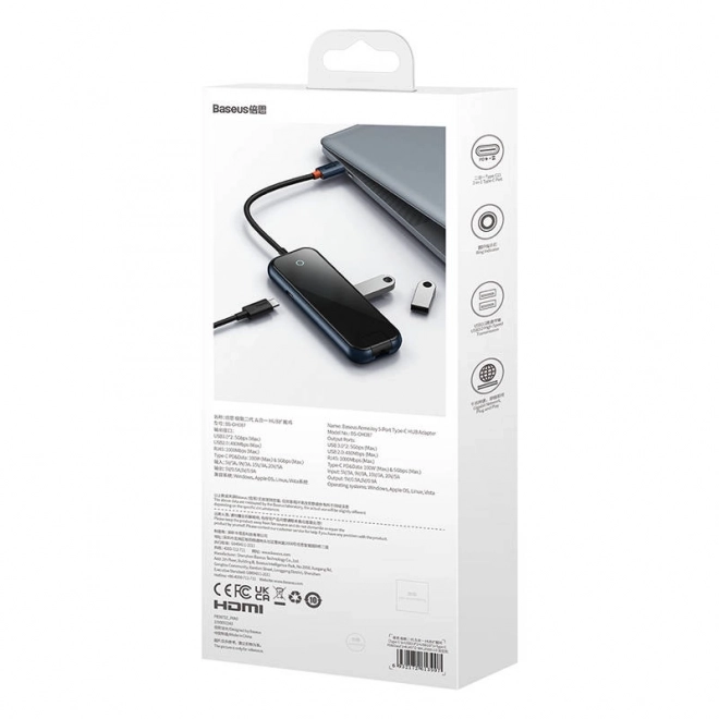 Baseus AcmeJoy 5u1 USB-C Hub s 2x USB 3.0, USB 2.0, USB-C PD i RJ45