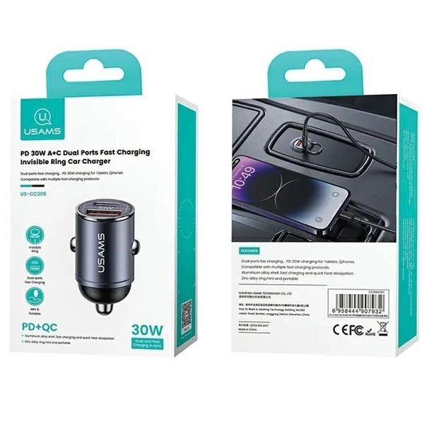 Autopunjač 30W 1xUSB+1xUSB-C Brzo punjenje