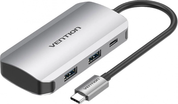 USB-C priključna stanica 5-u-1 s 4× USB 3.0 i PD napajanjem 100 W Vention, kabel 15 cm, siva
