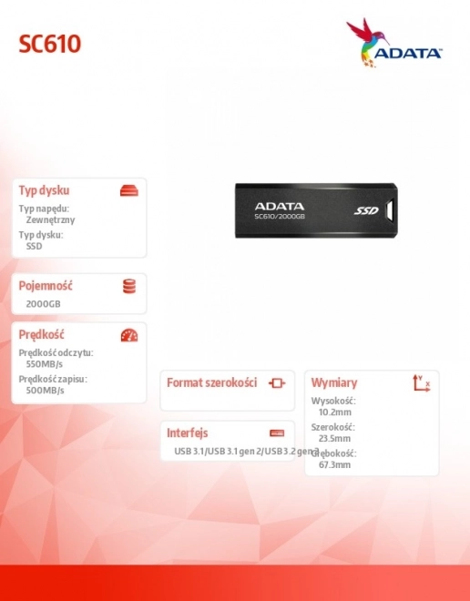 Vanjski SSD disk ADATA SC610 2000 GB USB 3.2 Gen2 crni