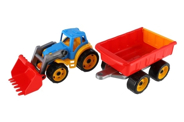Traktor/nakladač/bager s prikolicom s plastičnom lopatom na slobodnu vožnju 2 boje u mrežici 16x61x16cm