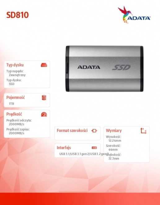 Vanjski SSD disk ADATA SD810 1TB USB 3.2C 20Gb/s srebrni