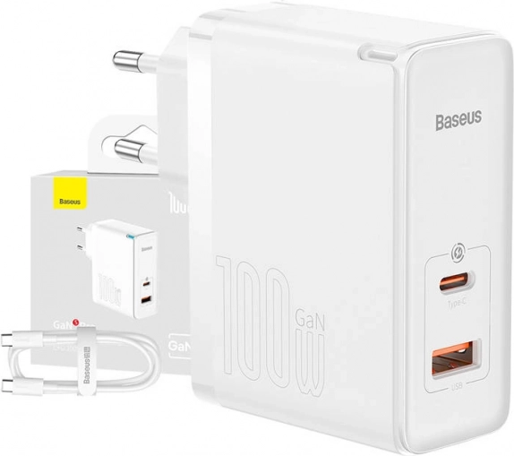 punjač Baseus GaN5 Pro 100 W s USB‑C i USB + kabel 1 m, bijela