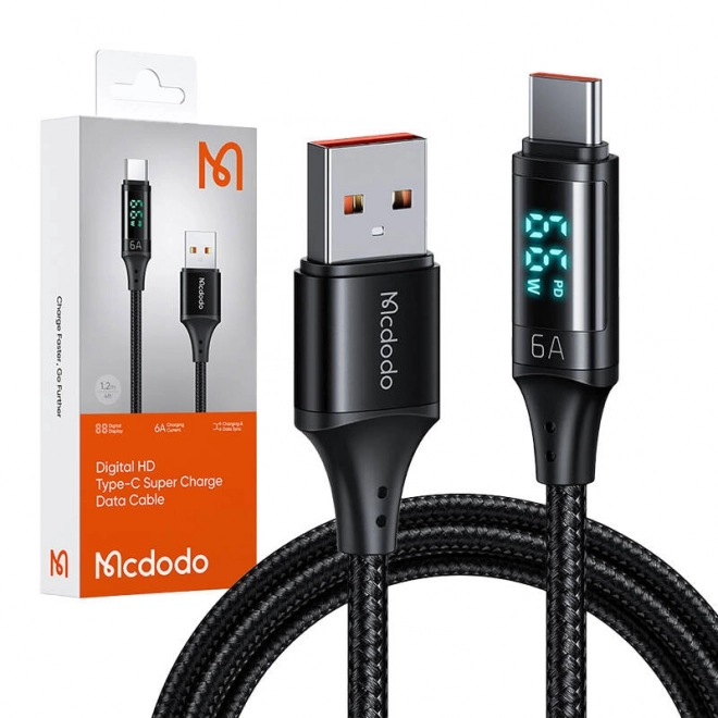 USB na USB-C Mcdodo CA-1080 s ekranom, 66W, 6A, 1,2 m (crna)