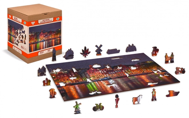 Drvene puzzle Noćni Amsterdam s jedinstvenim dijelovima