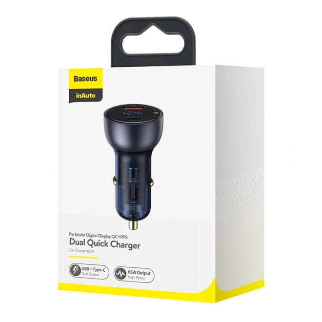 Baseus dvostruki punjač za auto s digitalnim zaslonom, USB i USB-C, brzo punjenje 65W
