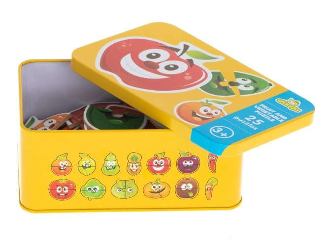 Puzzle s motivima voća i povrća u limenoj kutiji
