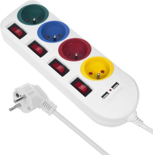 Produžni kabel s pojedinačnim prekidačima i 4 utičnice + 2x USB Maclean Energy bijeli