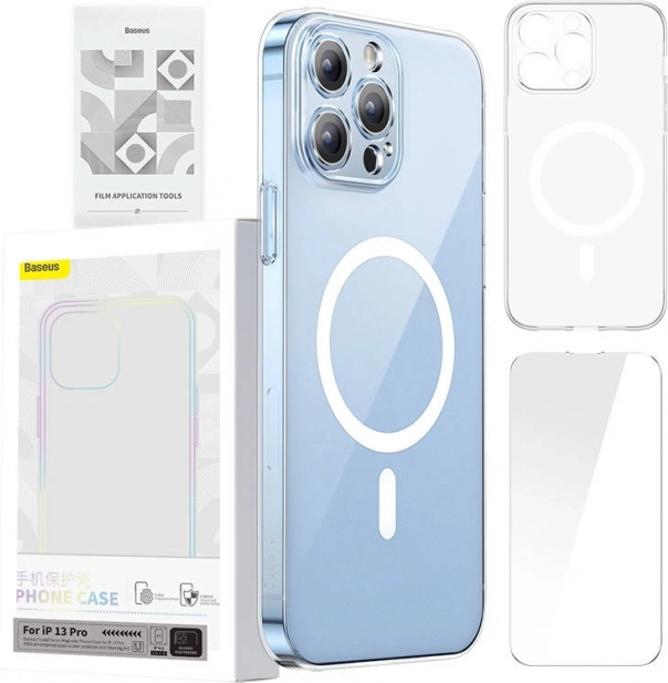 Baseus Magnetic Crystal Clear maskica s MagSafe za iPhone 13 Pro + kaljeno staklo i set za čišćenje