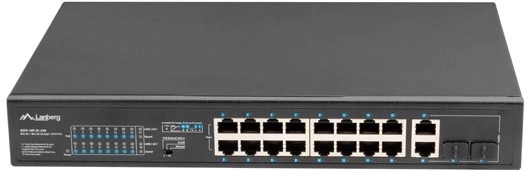 neupravljani poe+ preklopnik 16× fast ethernet s 2× combo gigabit uplinkom, 250 w, rack 19″ lanberg