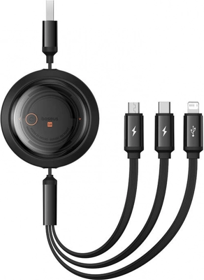 Uvlačivi 3-u-1 kabel za punjenje BASEUS Free2Draw, USB-A na USB-C + Micro USB + Lightning, 3,5 A, 1,1 m, crni