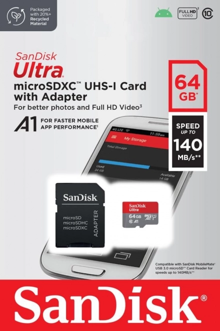 Kartica SanDisk Ultra microSDXC 64GB A1 s adapterom