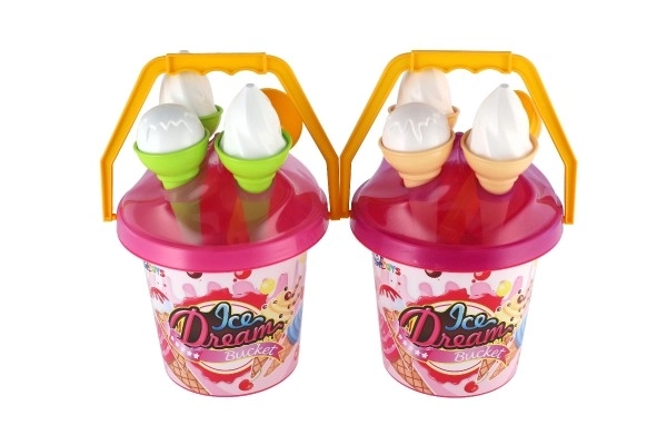 Set za pijesak plastični kantić + kalupi sladoled 2 boje u mrežici 18x28x17cm 12m+