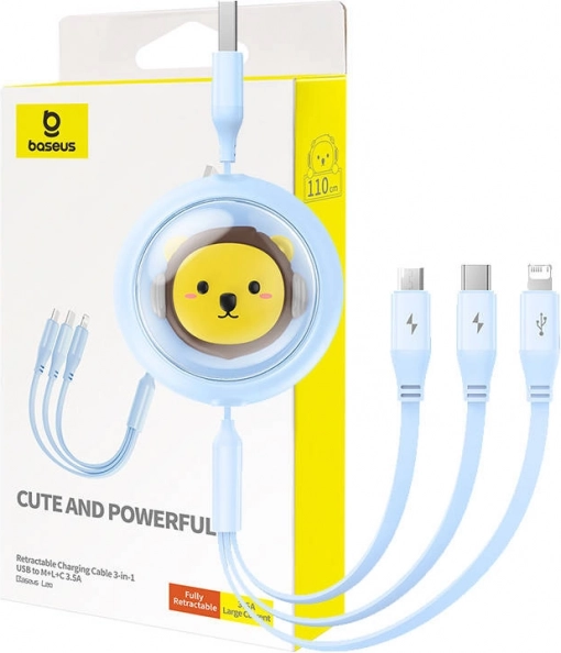 Uvlačivi 3-u-1 BASEUS USB na USB‑C, micro USB i Lightning kabel, 3,5 A, 1,1 m – plavi
