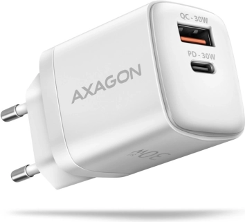 Mrežni punjač AXAGON 30W PD & QC s USB‑C i USB‑A, bijeli