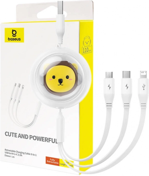 Uvlačivi punjački kabel 3-u-1 BASEUS USB na USB‑C, Micro USB i Lightning 3,5 A, 1,1 m – bijeli