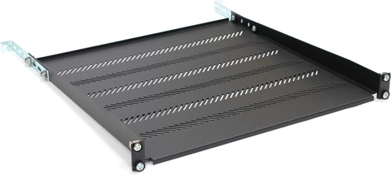Polica za 19" rack 1U, 483 × 450 mm, crna, perforirana s podešavanjem i potporom