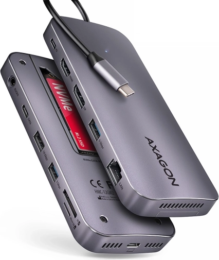Axagon HMC-12GM2 USB-C čvorište 12-u-1 s M.2 NVMe/SATA, 10 Gb/s, HDMI/DP 4K 60 Hz, GLAN, SD/microSD, audio, PD 100 W