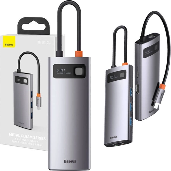 USB-C hub 6-u-1 Baseus Metal Gleam s HDMI, 3× USB 3.0, PD i gigabitnim Ethernetom