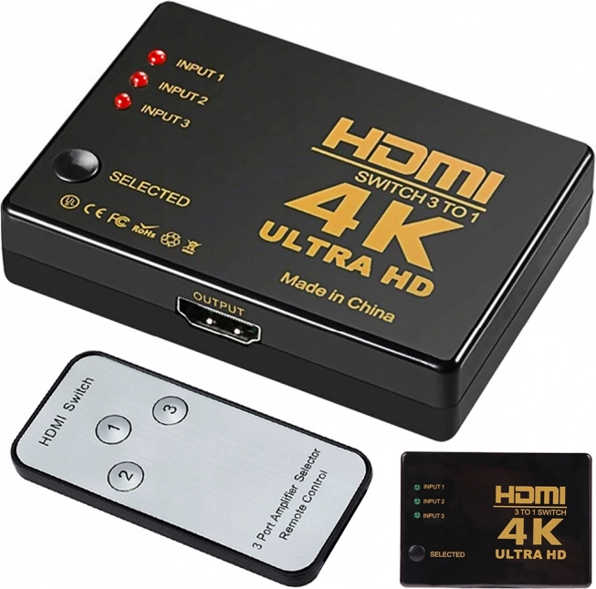 HDMI preklopnik 3×1 s daljinskim upravljačem, 4K UHD