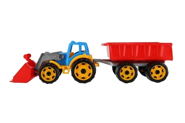 Traktor/nakladač/bager s prikolicom s plastičnom lopatom na slobodnu vožnju 2 boje u mrežici 16x61x16cm