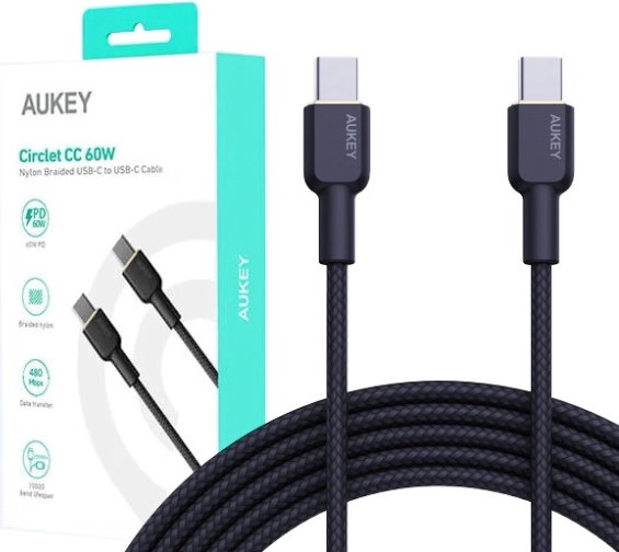 Aukey USB‑C na USB‑C kabel 1 m s najlonskim opletom, 60 W PD, 3 A