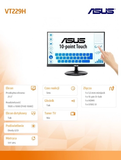 Monitor 21,5 inča FHD IPS Dodirni 10P HDMI D-SUB USB Zvučnik