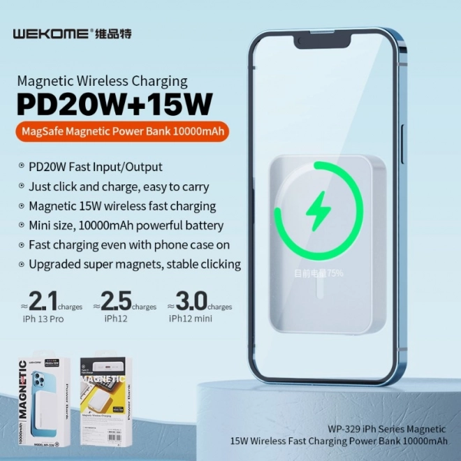 Indukcijska powerbanka 10000 mAh brzo punjenje PD 20W MagSafe bijela