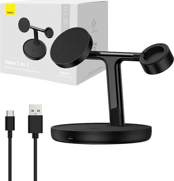 magnetični bežični punjač BASEUS Swan 3 u 1, 15 W MagSafe, crni