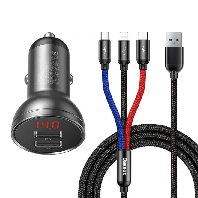 Baseus Punjac Za Auto s Prikazom i USB 3v1 Kabelom 24W