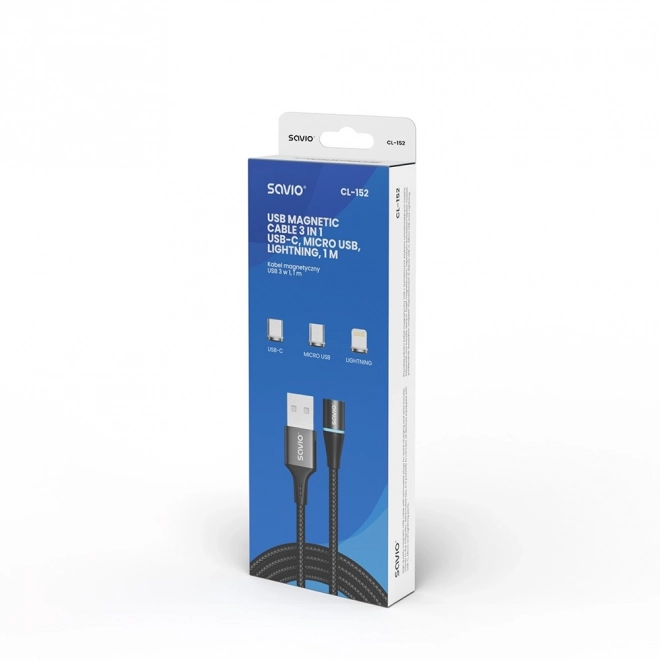 Magnetski USB kabel Savio 3u1 tip C, Micro i Lightning, crni, 1m